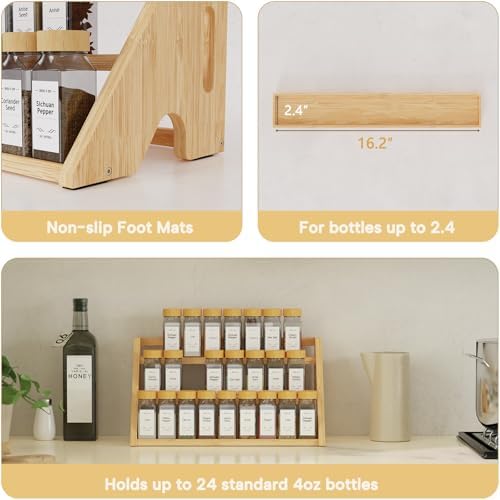 Bamboo Spice Rack Organizer -3-Tier Spice Rack for Countertop,Cabinet Spice Rack Organizer for 24 Spice Jars(4oz)，Step Shelf (yellow)