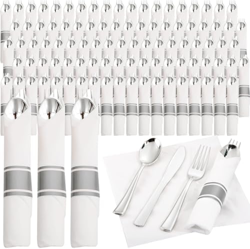 Supernal 120 Pack Silver Plastic Silverware Wrapped Cutlery Set with Napkin