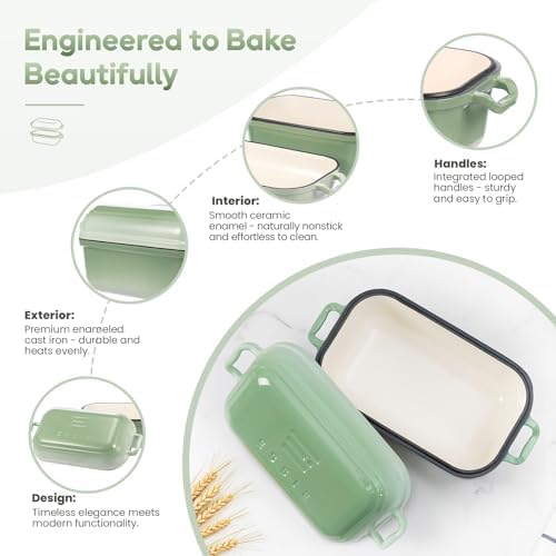 Enameled Cast Iron Dutch Oven Pot with Lid, Dutch Oven for Sourdough Bread Baking, 10×6 Bread Loaf Pans with Lid for Homemade Bread, Cake, Meatloaf, Oven & Induction Safe (Green, 3.84 QT)