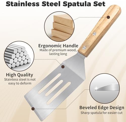 2PCS Stainless Steel Spatula,Wooden Handle Metal Spatula for Steak,Burgers