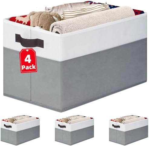 4 Pack Large Closet Storage Baskets Bins for Shelves | Fabric Closet Organizers and Storage with Handles Home Organization | Decorative Collapsible Baskets for Organizing Clothes Toy Nursery 14"x10"