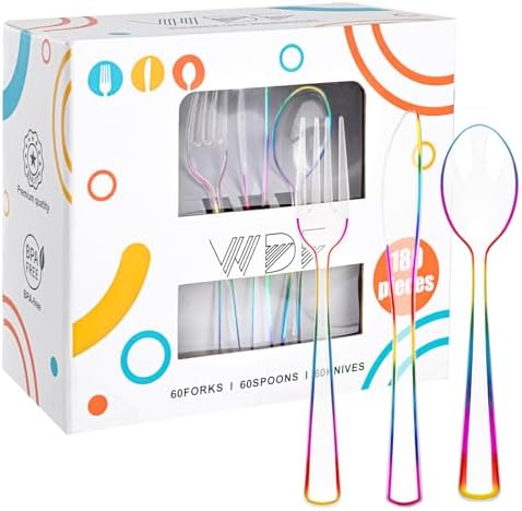 WDF 180 PCS Rainbow Plastic Silverware - Clear Colorful Cutlery Disposable Heavy Duty Include 60 Forks, 60 Knives and 60 Spoons - Colorful Disposable Utensils for Trolls Party/Birthday Party/Wedding