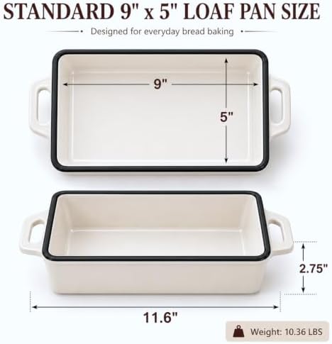 Northriver Casting 2 in 1 Enameled Cast Iron Bread Pan with Lid, Perfect Bread Oven, Loaf Pans for Baking Homemade Sourdough Bread 9x5, 2 Piece set, White