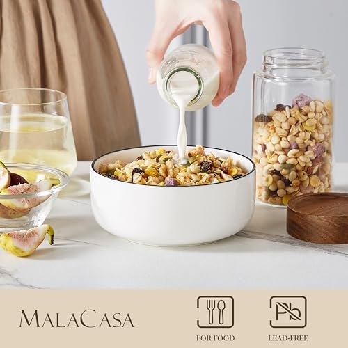 MALACASA 24 OZ Ceramic Bowls Set of 6, Soup Cereal Bowls, Black Rim
