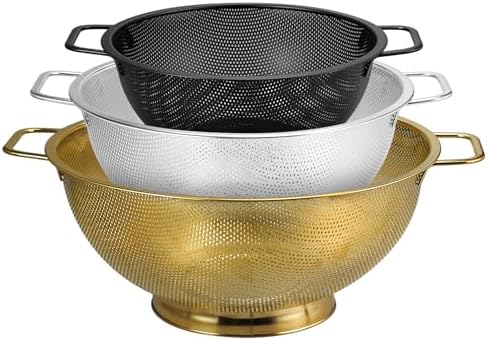 3PCS Three Colors Mix Colander Set, 3QT Black & 4QT Silver & 5QT Gold, Stainless Steel Pasta Strainer with Handle for Prepping Washing Draining Storing Food, Dishwasher Safe