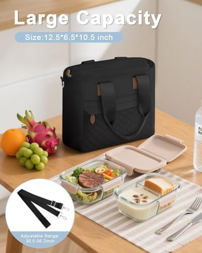 Capolo Lunch Bag for Women,Large Insulated Lunchbox Tote Reusable,L-Black