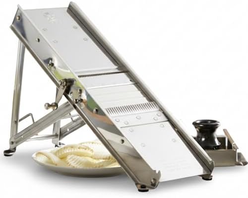 ICO by Bron Coucke Professional Mandoline Slicer by Tellier with Hand Guard – Heavy Duty Stainless Steel Mandoline Slicer – Adjustable Built-in Straight, Julienne, & Crinkle Blades – Crafted in France