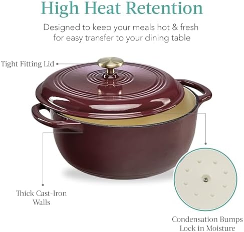 Best Choice Products 7.5 Quart Enamel Cast-Iron Round Dutch Oven, Family Style Heavy-Duty Pre-Seasoned Cookware for Home, Kitchen, Dining Room, Oven Safe w/Lid, Dual Handles - Cabernet Red