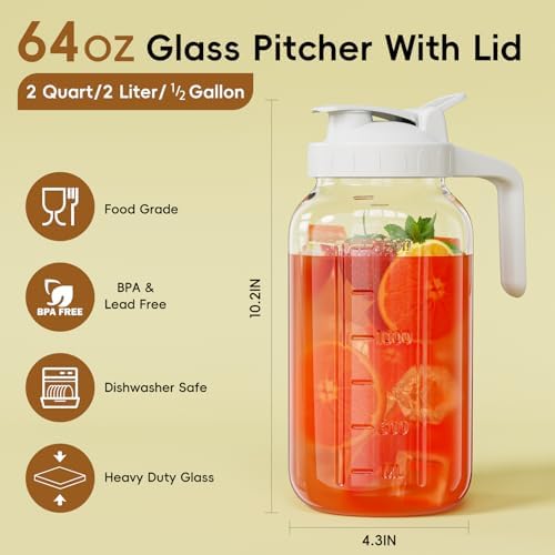 JunVpic Glass Pitcher with lid, 64 oz Wide Mouth Mason Jar