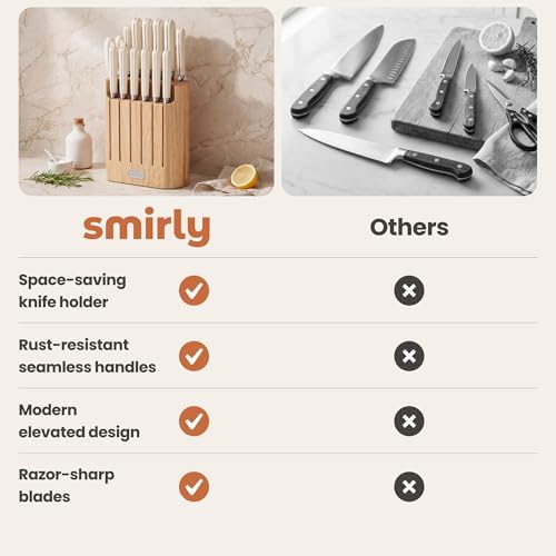 SMIRLY 14-Piece Kitchen Knife Set with Block, Razor-Sharp, Cream White