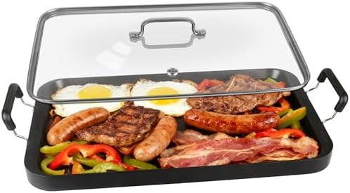 Vayepro 2-Burner Griddle Pan with Glass Lid - Nonstick Stovetop Griddle for Gas & Glass Cooktops - Aluminum Camping Grill Pan for Breakfast (Pancakes/Eggs/Bacon) (22"L x 12"W x 1.77"Th)