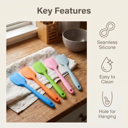 5-Pack Silicone Spatulas, 8.5 inch Heat Resistant Seamless Rubber Scrapers for Baking, Cooking, Mixing and Nonstick Cookware, 5 Colors