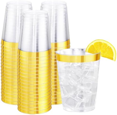 I00000 60 Pack Gold Plastic Cups, 10 OZ Clear Plastic Cups