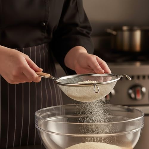 TrueCraftware- 6-Inch Single Fine Tin Mesh Strainer 6-3/4" Handle Length Wooden Handle- Kitchen Utensil Food Strainer Skimmer Spoon for Cooking Sieve Sifters Rice Quinoa Pasta Fruits Vegetable