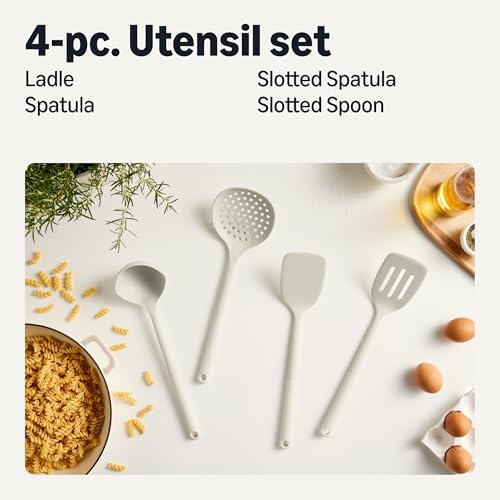 Amazon Basics Silicone Cooking Spoon, Ladle and Spatula Set, 4-Piece, Slotted, Soft Grip Handle, BPA-Free, Dishwasher-Safe, Linen Gray