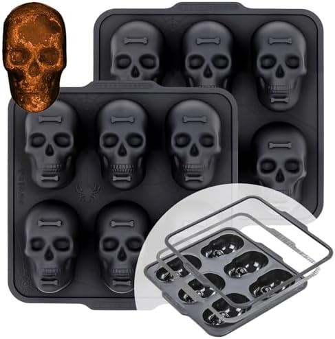 FUNBAKY Skull Baking Pan, Muffin Pan with Metal Reinforced Frame, Silicone Skull Cake Mold - Halloween Nonstick Large Molds for Baking with Handle (2 pack)