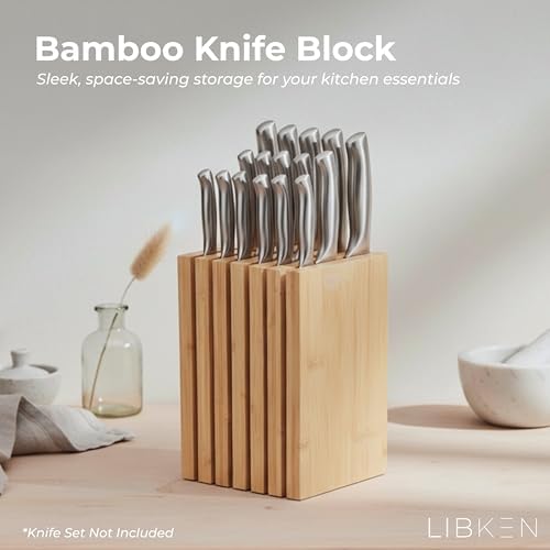 Libken Bamboo Knife Block – Minimal Scandinavian Design, Universal Knife Holder with 6 Slots for Up to 18 Knives – Fits Paring, Chef, Steak, Butcher Knives & Scissors, Countertop Knife Block