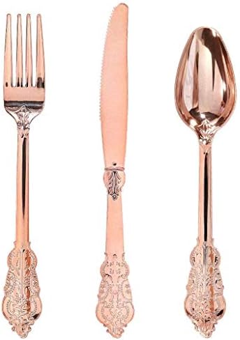 WDF-300 Pieces Rose Gold Plastic Silverware- Disposable Flatware -Heavyweight Plastic Cutlery- Includes 100 Forks, 100 Spoons, 100 Knives for Wedding/Parties/Birthday