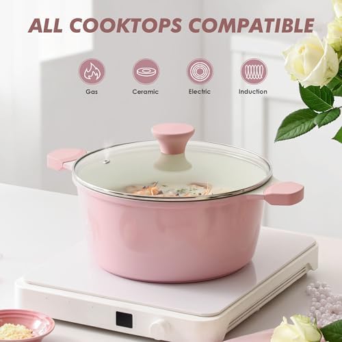 SENSARTE Ceramic Nonstick Stock Pot with Lid, 7 Quart, Pink