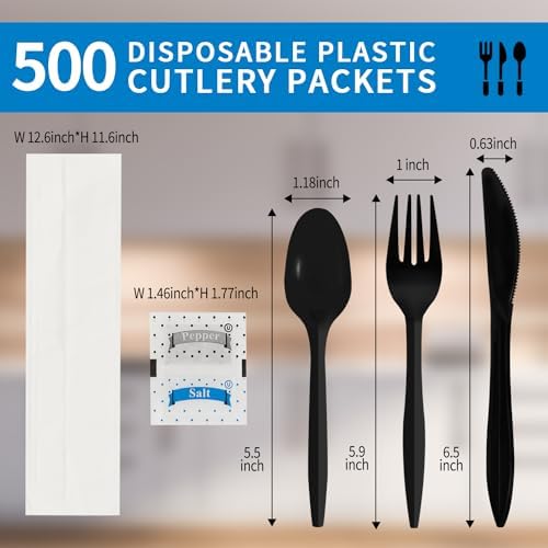 500 Pack Plastic Cutlery Packets, Knife Fork Spoon Napkin Salt Pepper Sets, Individually Wrapped Black Plastic Cutlery Packets for Delivery, Cafeterias, Restaurants