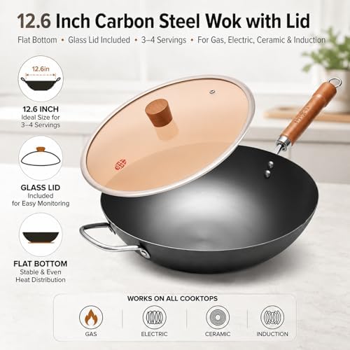 WANGYUANJI Carbon Steel Wok with Lid, 12.6 Inch Flat Bottom Chinese Wok