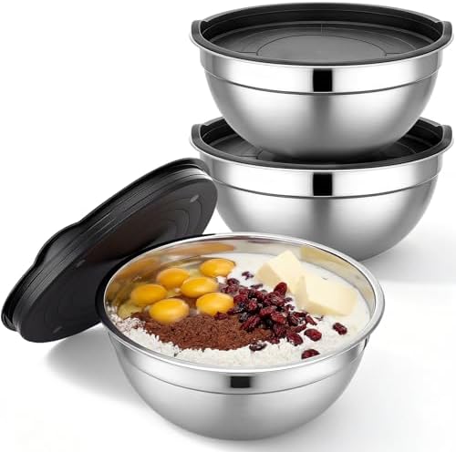 Beasea Stainless Steel Mixing Bowl Set of 3, 5 QT Large Stackable Mixing Bowls with Lids Set, Metal Nesting Bowl with Lid for Baking, Prepping, Salad, Serving, Kitchen Food Storing