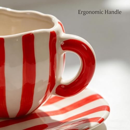 Espresso Cups Ceramic Coffee Mug Series European Striped Dot Coffee Cup And Saucer Mug Cake Plate Afternoon Tea Set Tea Cup And Saucer (Red 2)