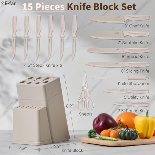 E-far Knife Set, 15-Piece Kitchen Knife Block Set with Sharpener, Khaki