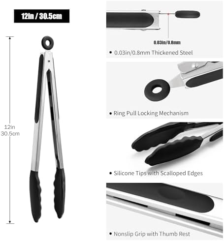 Doosu Kitchen Tongs with Silicone Tips for Cooking Serving (12in, Black)