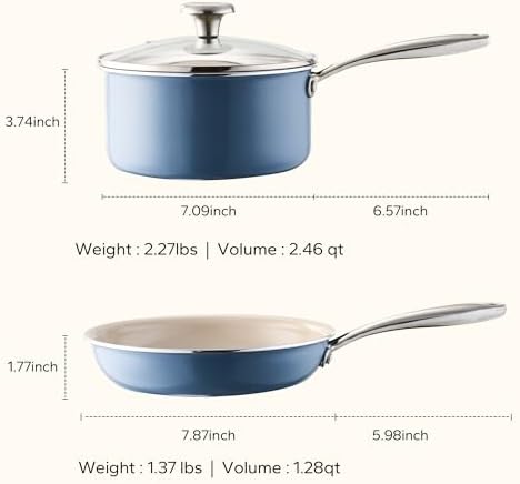 Redchef Saucepan & Frying Pan Set, 8" Ceramic Frying pan & 2.5Qt Saucepan with Lid, Cookware Set, Induction Compatible, Nontoxic PTFE PFOA Free, Oven & Dishwasher Safe, Blue
