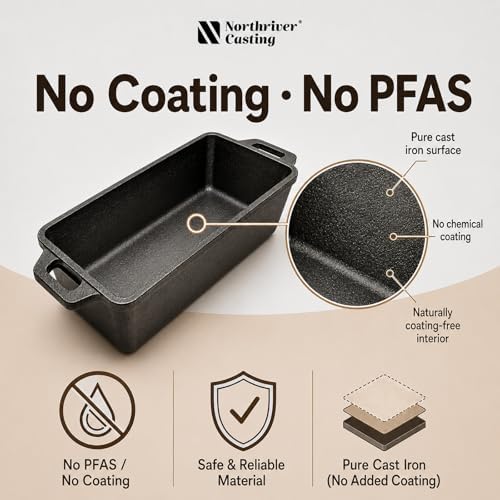 Northriver Casting 9×5 Inch Cast Iron Loaf Pan with Lid | Bread Baking Pan | Even Heat Distribution for Homemade Bread, Cake, and Meatloaf | 2 Piece Set