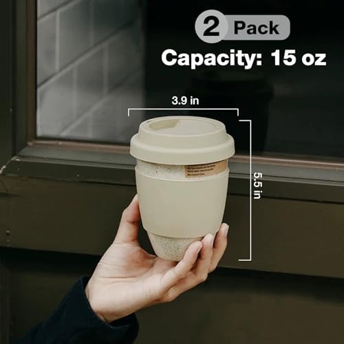 2 Pack Ceramic Travel Mugs with Silicone Lids, 15 oz Portable Coffee Mug Travel Unique To Go Mug, Reusable Coffee Cups with Non-Slip Sleeve, Cappuccino,Tea,Latte,Iced Coffee Cups, Dishwasher Safe