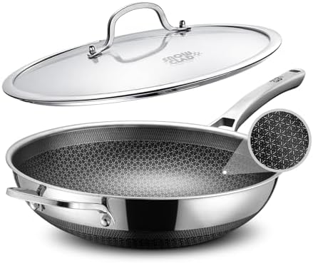 SNOWCLAD Wok, 13 Inch Hybrid Woks & Stir-fry Pans Nonstick, Non Toxic Stainless Steel Wok Pan with Lid, Dishwasher Induction Oven Broiler Safe, PFOA Free Cookware Non Stick