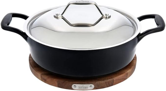 All-Clad Cast Iron Enameled Deep Skillet with Acacia Trivet 10 Inch Induction Oven Broiler Safe 650F Pots and Pans, Cookware Black