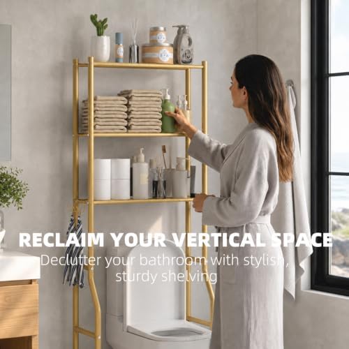 GloTika 3-Tier Over Toilet Storage, Anti-Tilt, 64" H, Gold