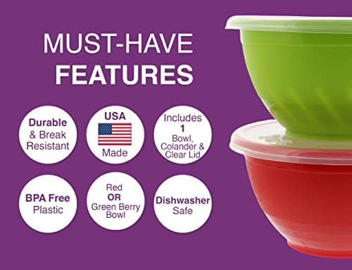 Arrow Berry Bowl & Berry Colander Set - Fruit Strainer Container with Lid - Rinse, Store & Serve - Dishwasher Safe, BPA Free - 1 Quart, Assorted Colors (Red or Green) - Made in USA