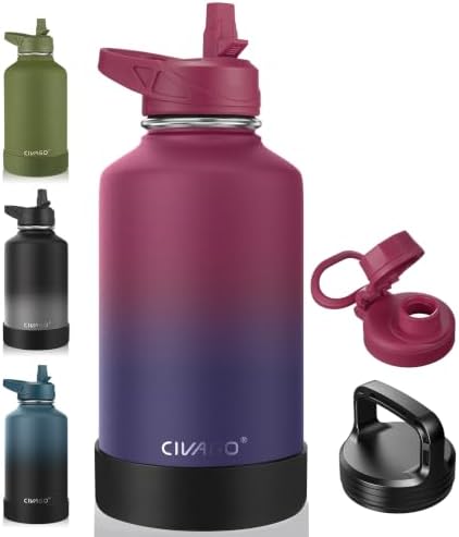 CIVAGO 64 oz Insulated Stainless Steel Water Bottle With Straw and 3 Lids