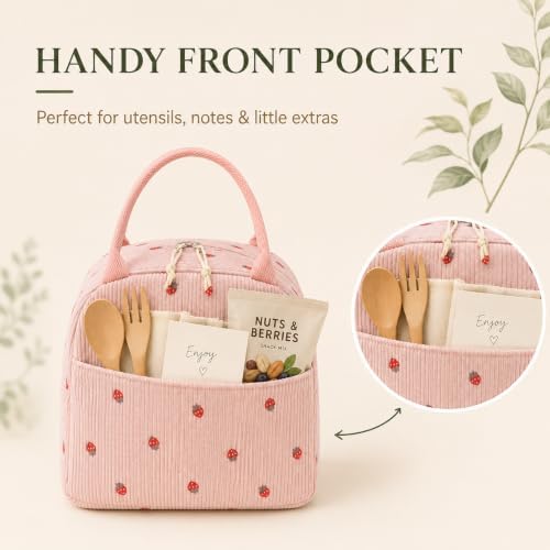 Bluboon Lunch Box for Women Cute Lunch Bag Reusable Insulated Lunch Bags Large Capacity Lunchbox Cooler for Work Picnic or Travel Gifts (Cute Pink Strawberry Black Dots, 10 x 7.5 x 8 inches)