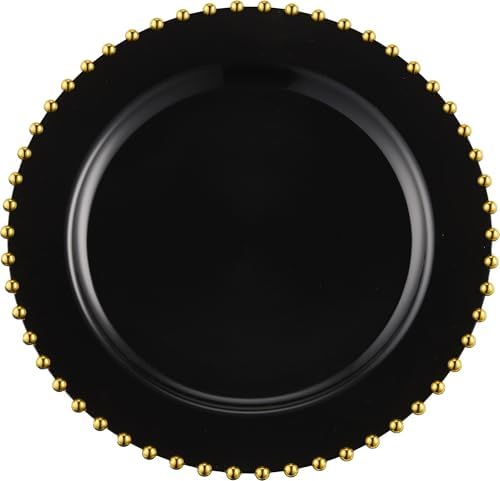 PLASTICPRO 32 Piece Combo Plastic Dinner Plates Disposable Plastic Fancy Heavy Duty Party Dishes 7 inch and 10 inch, Black and Gold Beaded