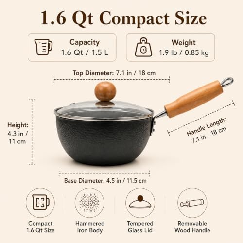 WANGYUANJI 1.6 Qt Small Iron Saucepan with Lid, 7.1-Inch Ramen Cooking Pot