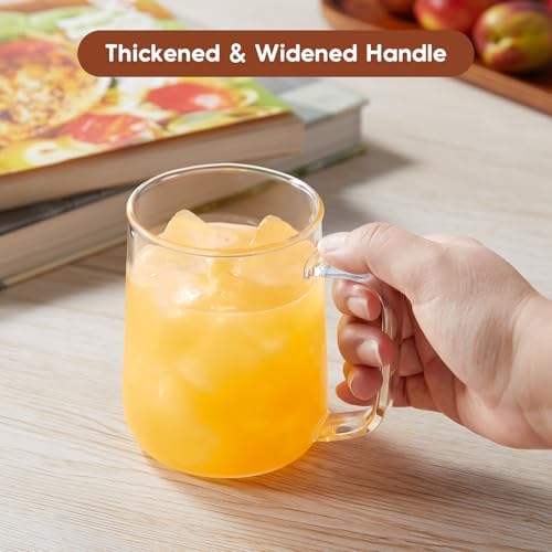 Glass Coffee Mugs, 16 oz Glass Coffee Cups Set of 4, Clear Borosilicate Glass Mugs with Handles for Cappuccino, Tea, Latte, Hot/Cold Beverages, Wine, Americano