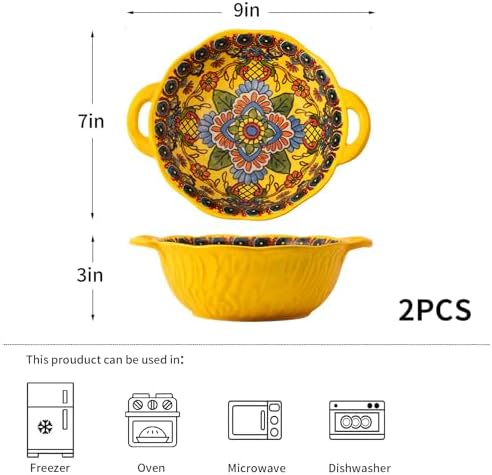 2 Pack Boho Ceramic Serving Bowls with Handles, 40 Oz Porcelain Salad Bowls, Large Serving Dishes for Entertaining, Mixing Bowls for Soup, Stew, Pasta, Cereal, Colorful Embossed Cute Bowls Set HH