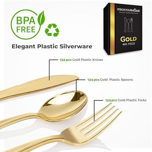 Gold Plastic Silverware Set (400-Pack) – Disposable Heavy Duty Cutlery, 134 Forks, 134 Knives, 134 Spoons for Parties, Weddings, Dinners & Holidays, Stock Your Home