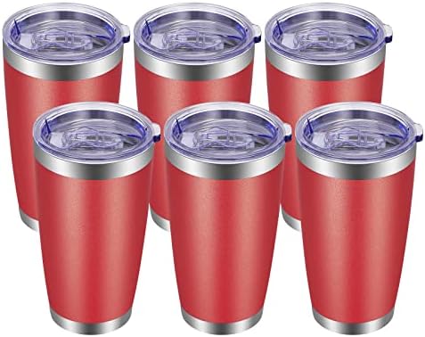 VEGOND 20oz Tumbler with Lid and Straw Stainless Steel Tumbler Cup Bulk Vacuum Insulated Double Wall Travel Coffee Mug Powder Coated Coffee Cup, Red, 6 Pack