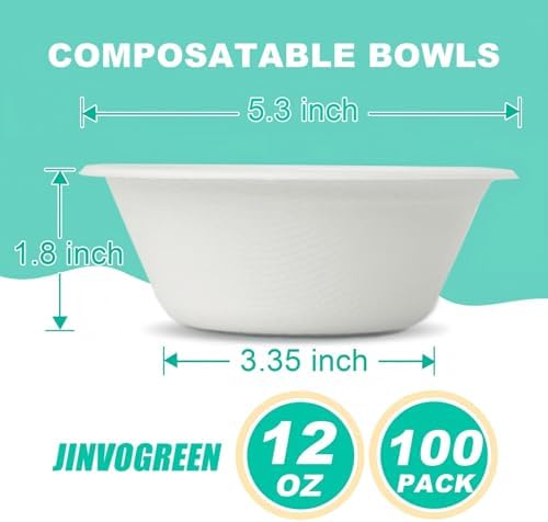JINVOGREEN 100 Count 12 oz Paper Bowls, Disposable Compostable Bowl, White