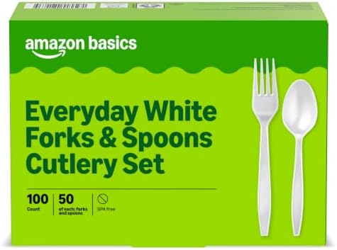 Amazon Basics Disposable Everyday White Forks & Spoons, 100 Count