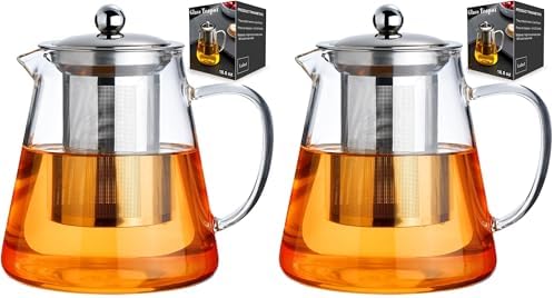Baalaka Glass Teapot 18.6oz/550ml, Tea Pot with Removable Infusers for Loose Tea, Borosilicate Glass Tea Kettle Tea Maker Stovetop for Camping, Tea Infuser for Loose Leaf Tea Travel (Pack of 2)