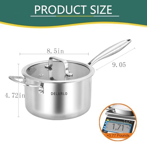 DELARLO Full-body Clad Tri-ply Stainless Steel 3.5 Quart Saucepan with Lid