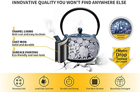 TOPTIER Japanese Cast Iron Tea Kettle with Infuser for Loose Leaf and Tea Bags, Stovetop Safe Teakettle with Enameled Interior, 40 oz (1200 ml), Navy Blue