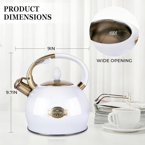 SUSTEAS Whistling Tea Kettle, 2.7QT Food-Grade Steel Teapot, WHITE